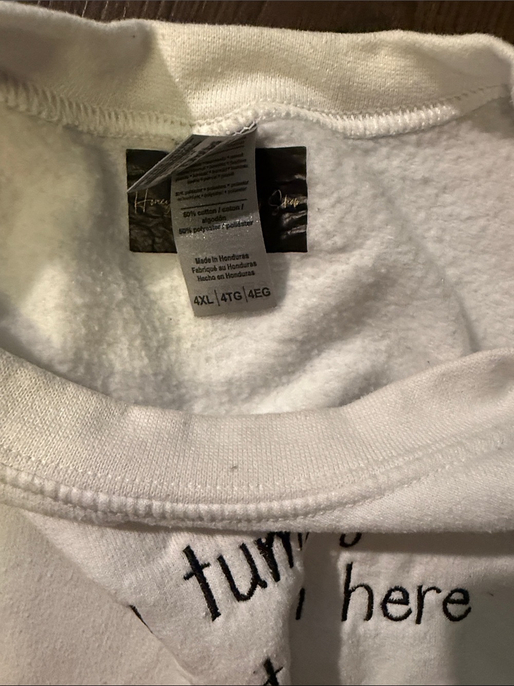 Amazon White Sweatshirt with Black Text "my tummy hurts but im here" - Picture 3 of 3